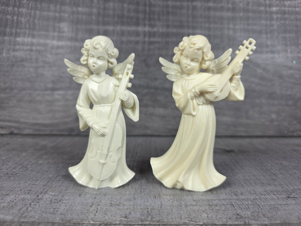 2 Midcentury 3" Hard Plastic Creme Musical Angel Figure MCM 1970 Vtg 19a6